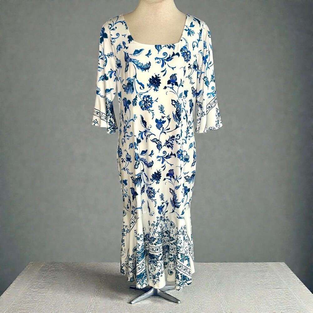 Ashro Dress Blue and White Floral Midi Flutter Hem Size Large